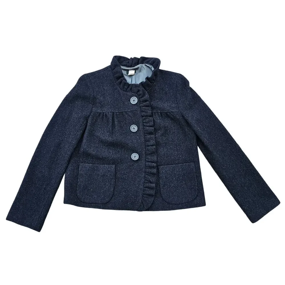 J.Crew Fiona Wool Tweed Ruffle Blazer Jacket Gray Charcoal Size 6 Pockets Preppy